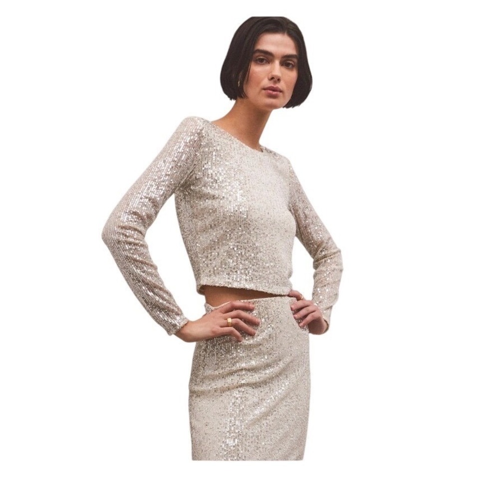 Z Supply Aurora Sequin Cropped Top Stardust Silver Long Sleeve Medium NEW